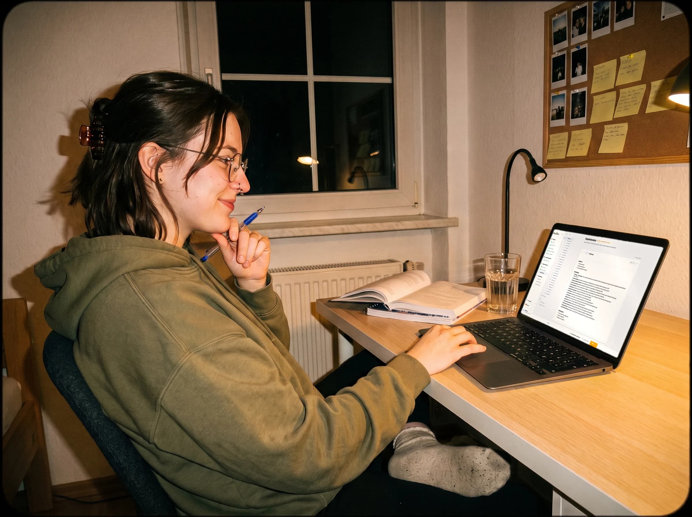 Estudante a ajustar à noite a estrutura de capítulos do seu trabalho no editor da StudyTexter