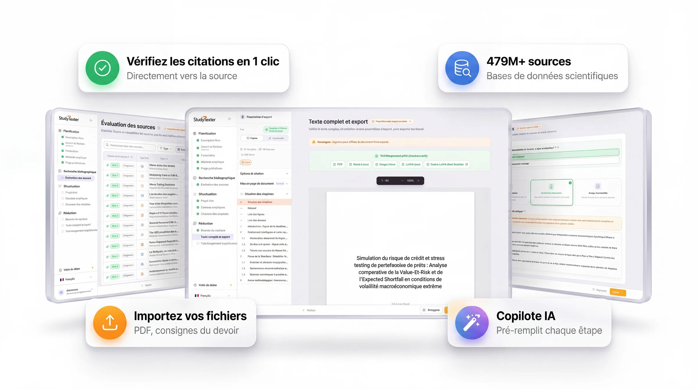 Éditeur interactif StudyTexter avec plan de chapitres et citations
