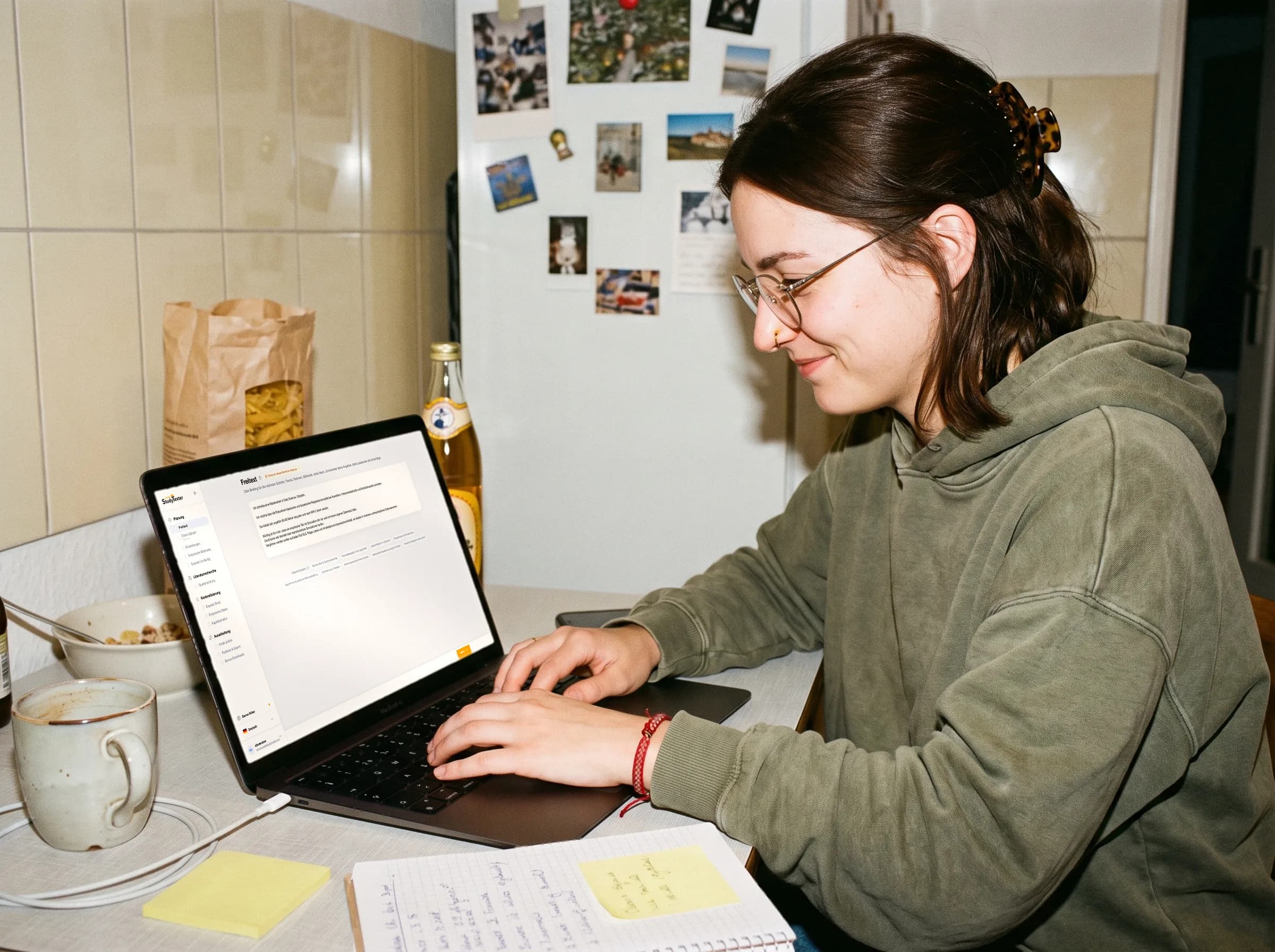 Estudiante escribiendo su tema como texto libre en StudyTexter, en la mesa de su cocina