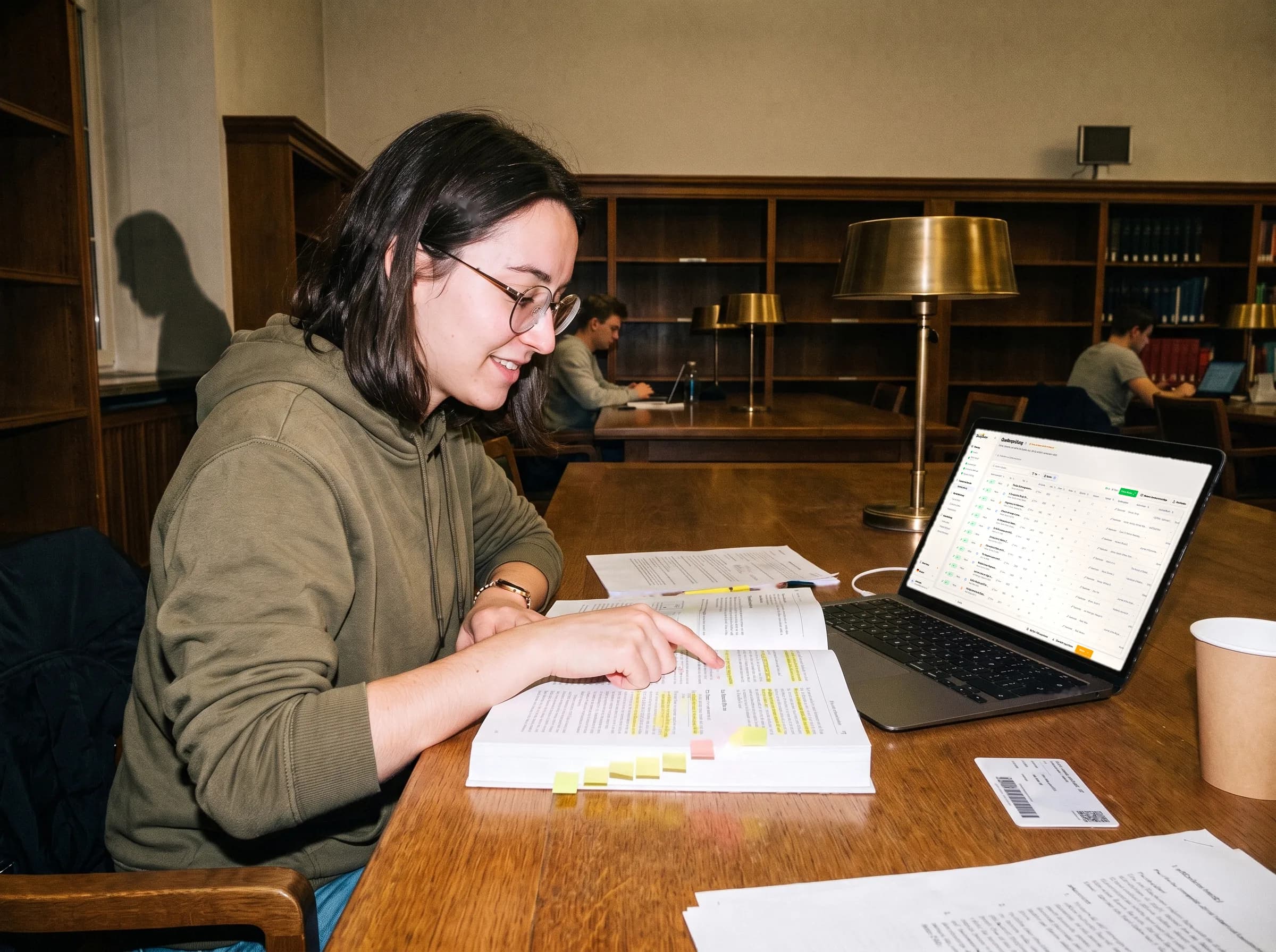 Estudiante revisando fuentes en la biblioteca con la vista de fuentes de StudyTexter en el portátil