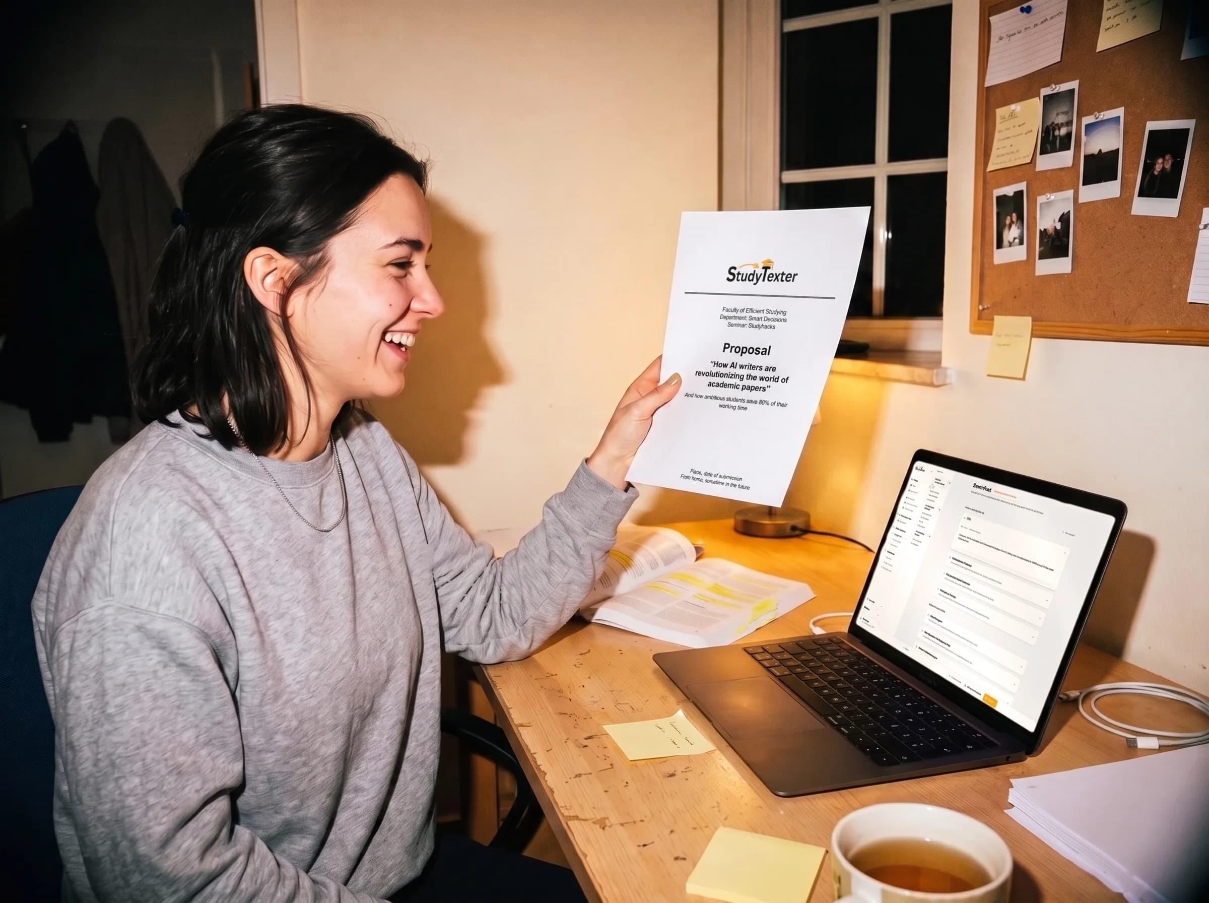 Estudiante mostrando su propuesta terminada junto al editor de StudyTexter en el portátil