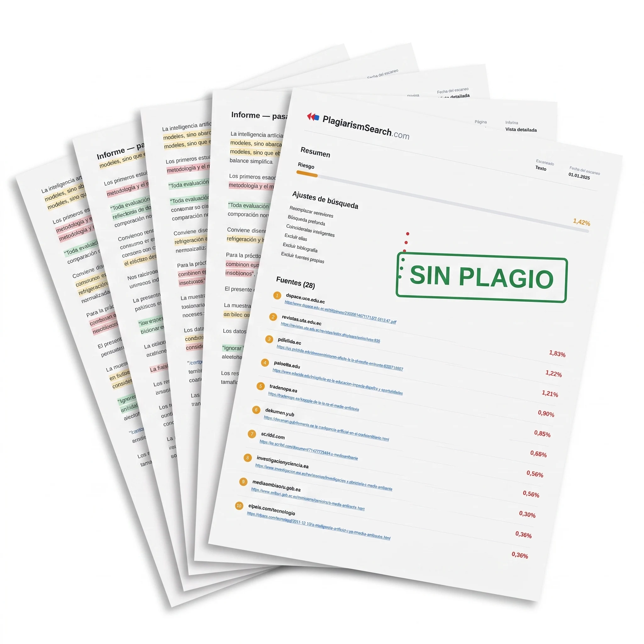 Informe antiplagio de PlagiarismSearch con sello de verificación